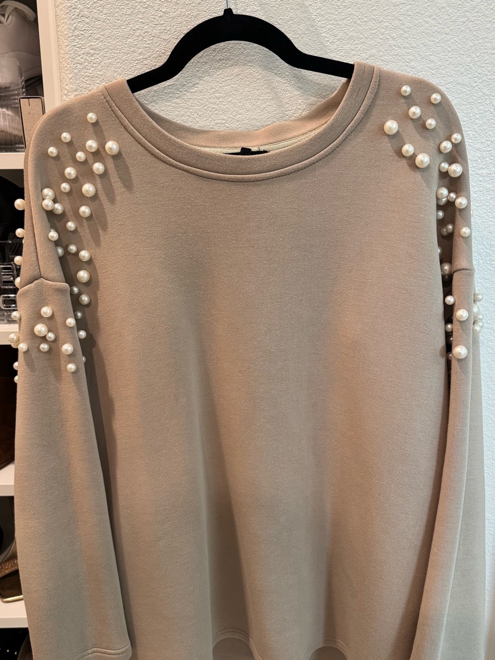 Pearl-Embellished Taupe Sweatshirt Top